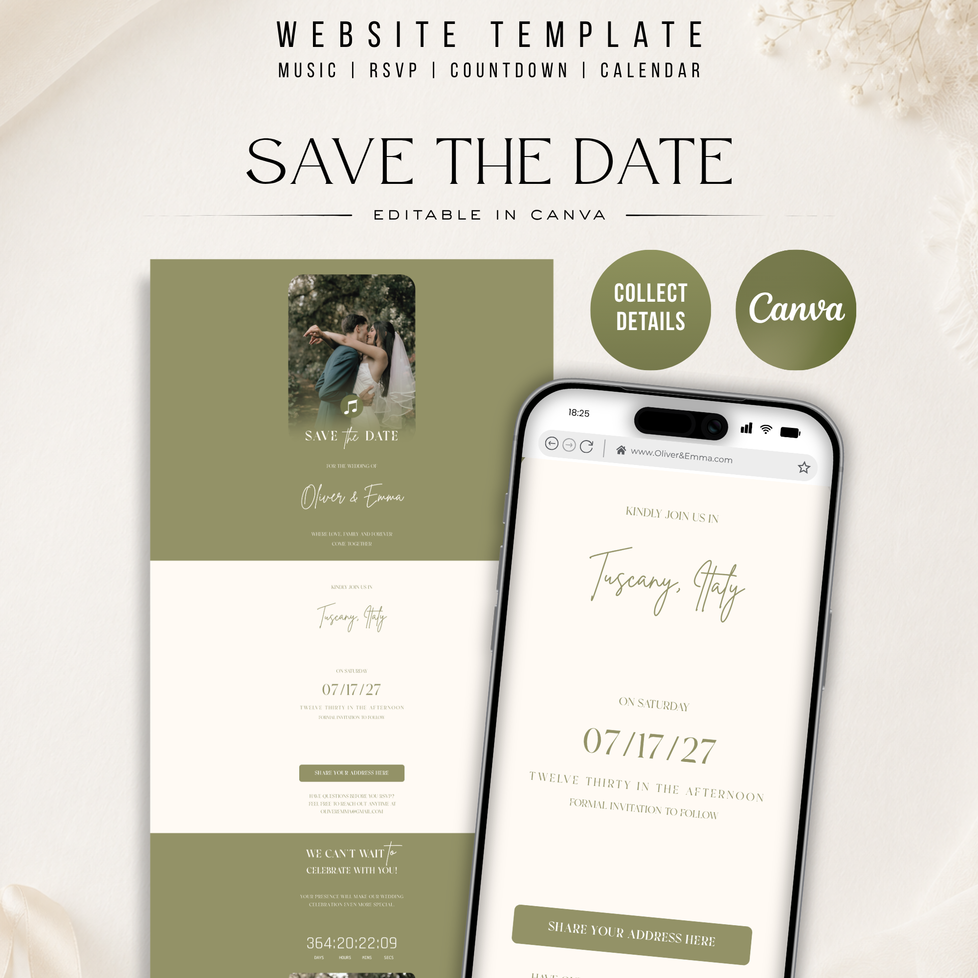 Sage Green Save the Date Website Template | Classic Wedding Invitation
