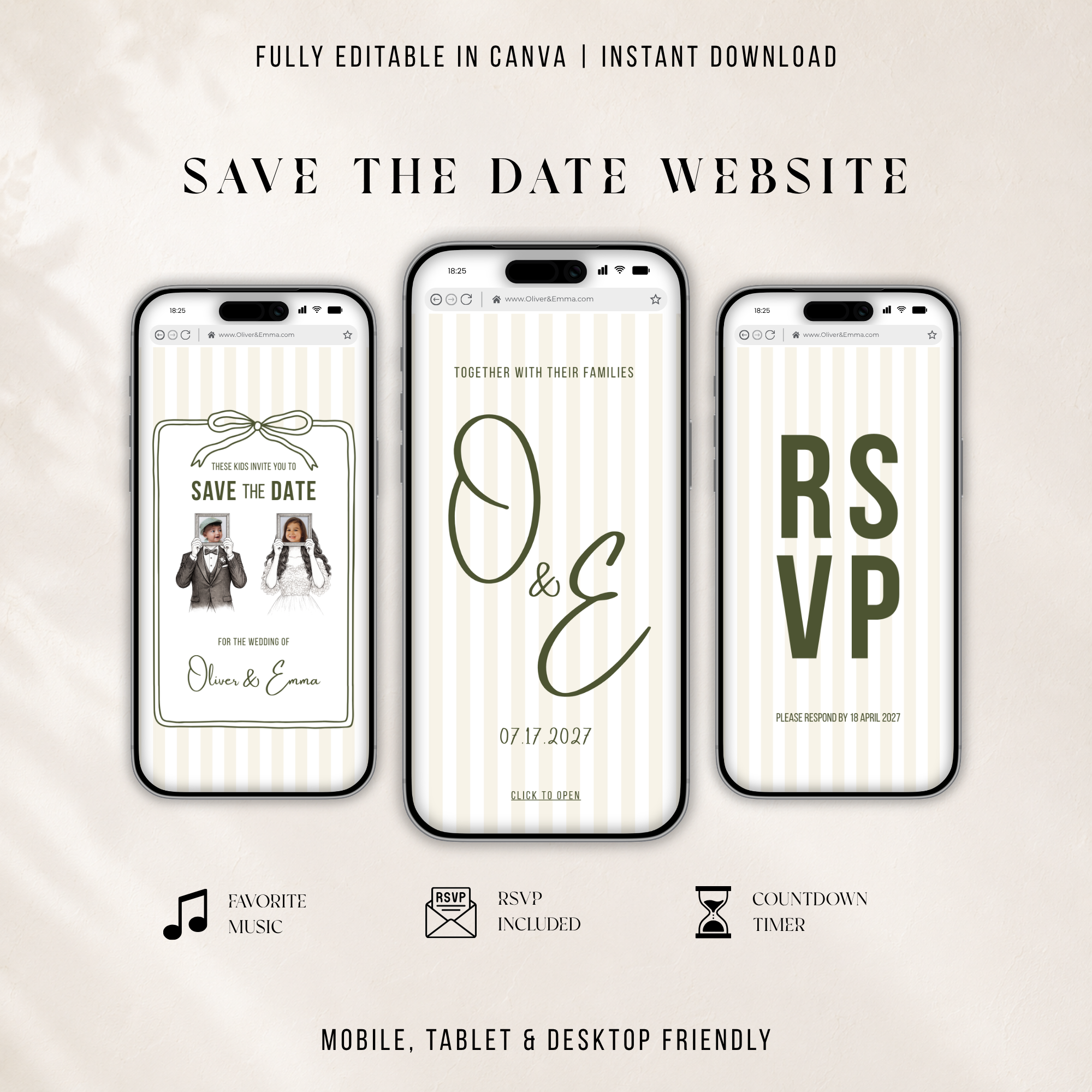 These Kids Save the Date Website in Ivory & Olive Old Money Wedding Style