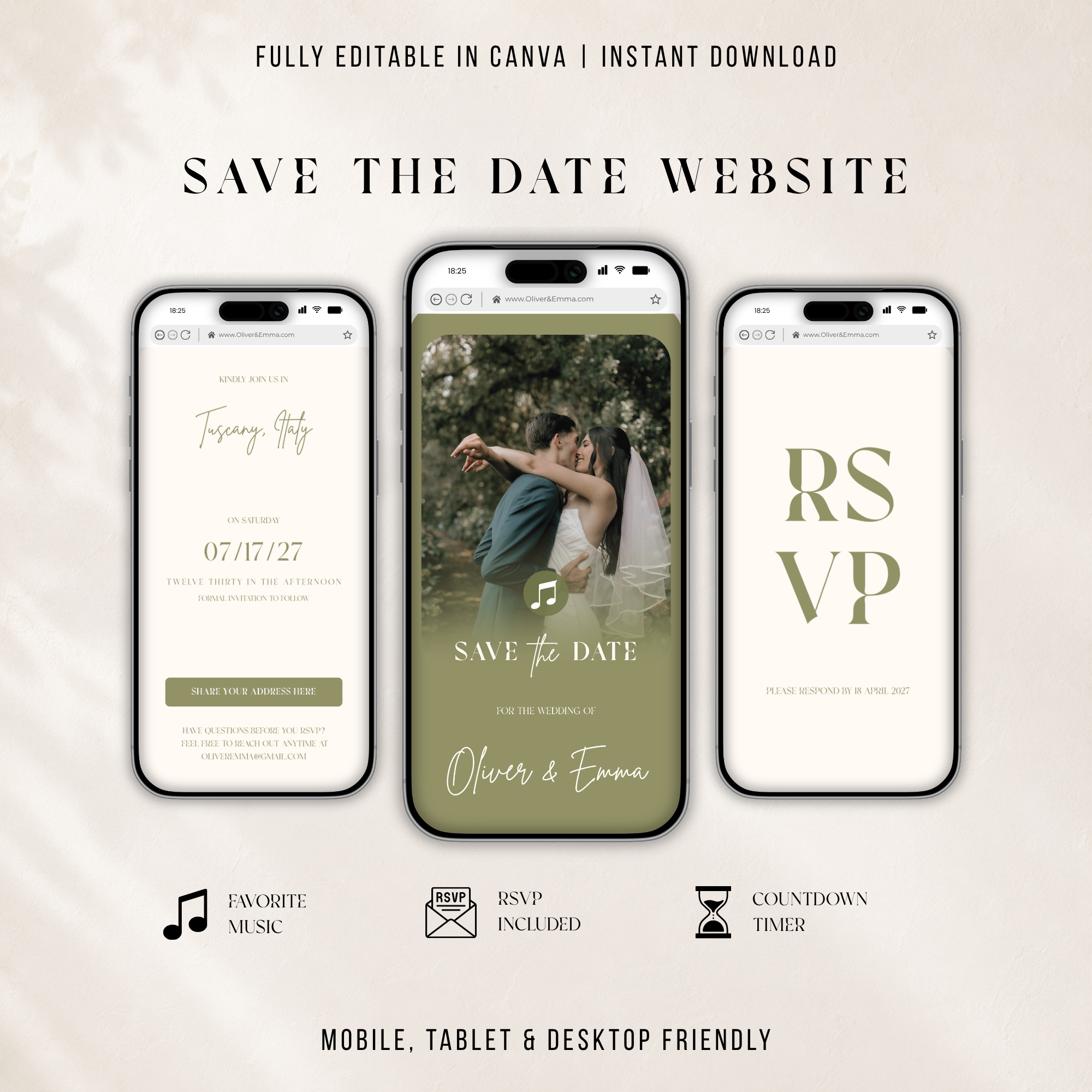 Sage Green Digital Wedding Invitation | Save the Date Website Template