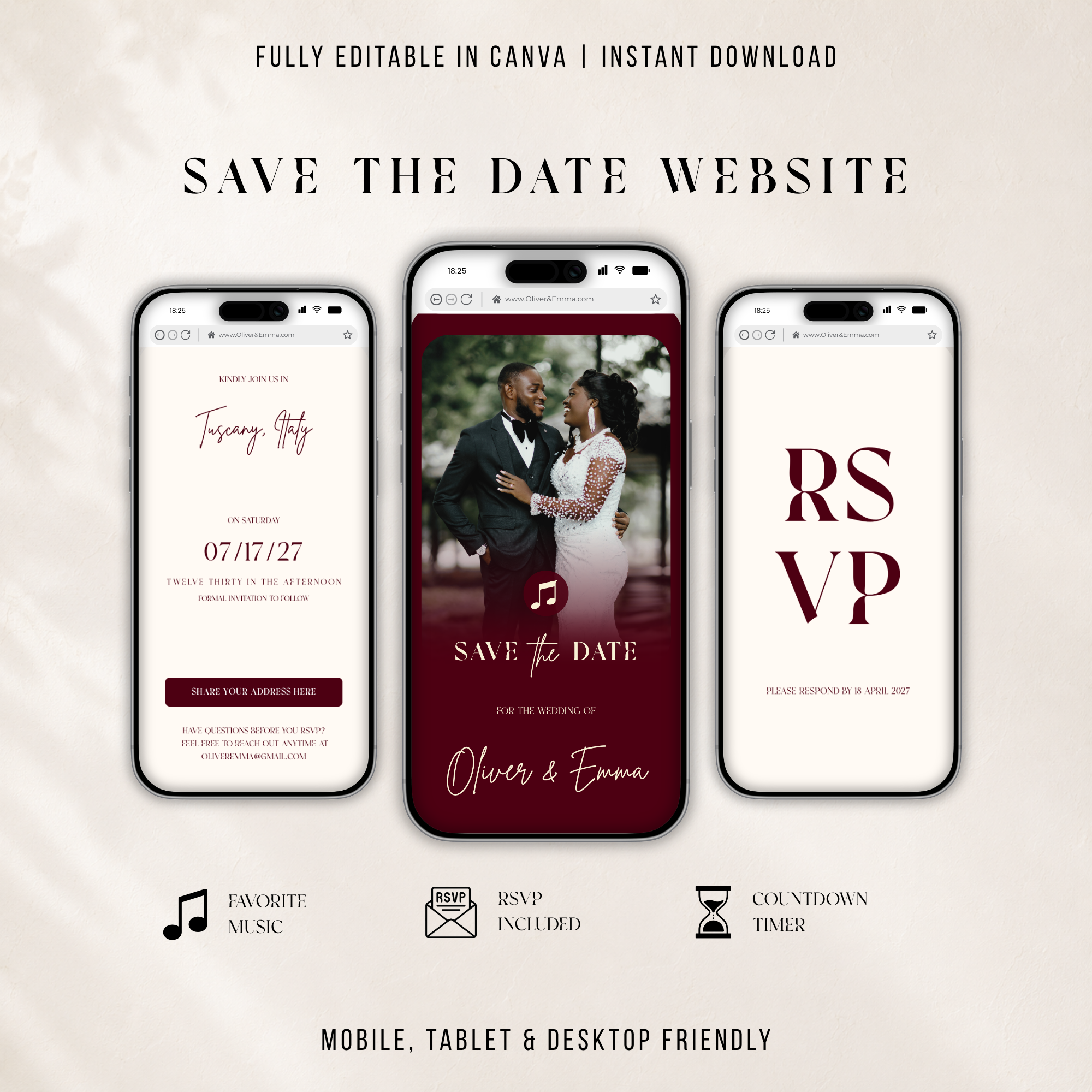 Burgundy Digital Wedding Invitation | Save the Date Website Template