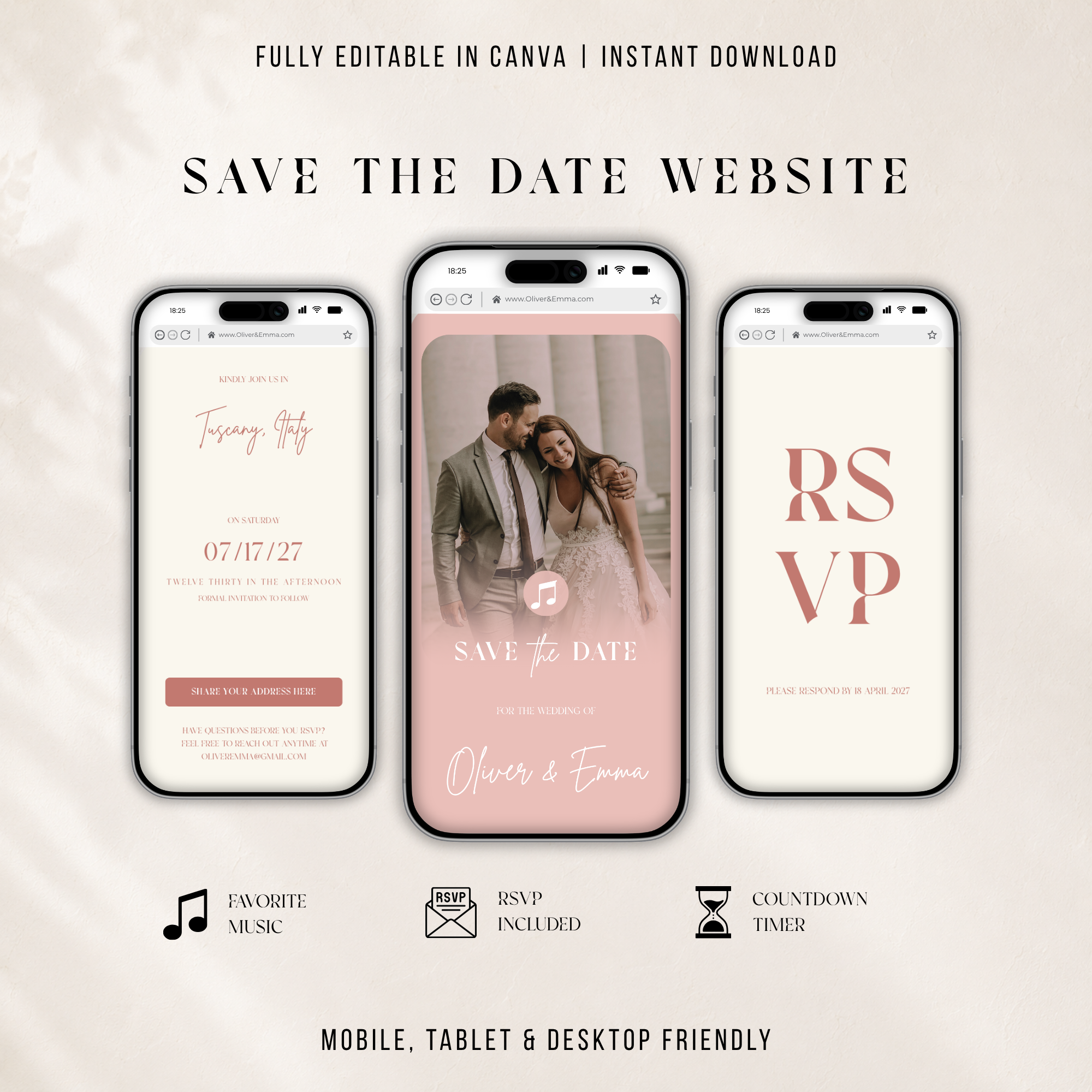 Blush Pink Digital Wedding Invitation | Save the Date Website Template
