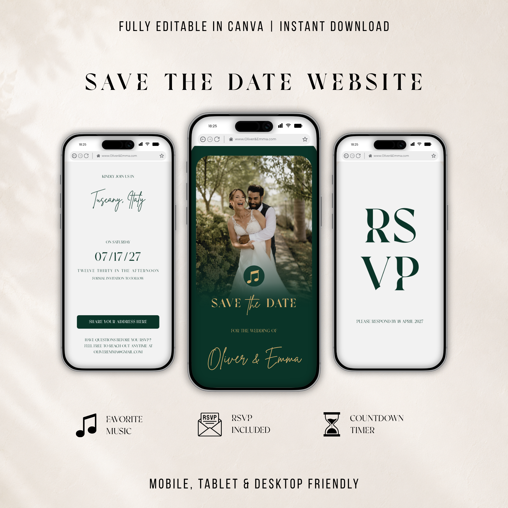 Emerald & Gold Digital Wedding Invitation | Save the Date Website Template