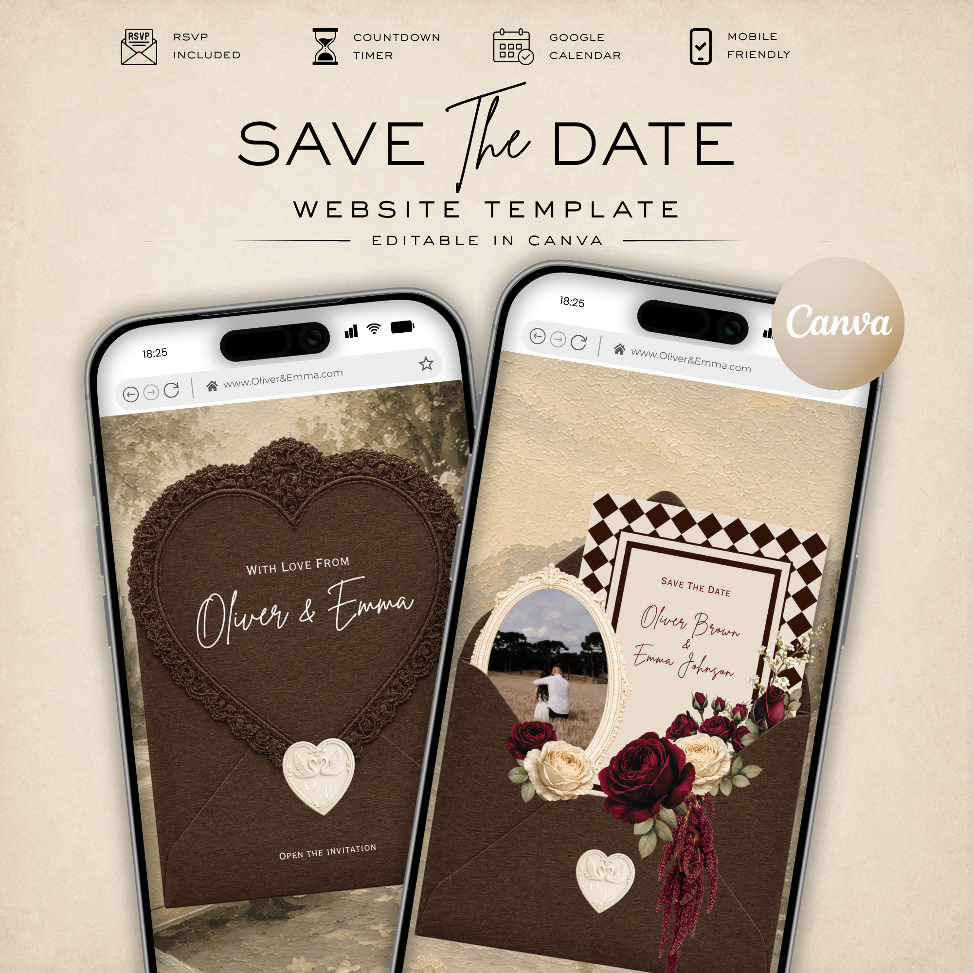 Chocolate Brown Old Money Save the Date Wedding Invitation Website Template
