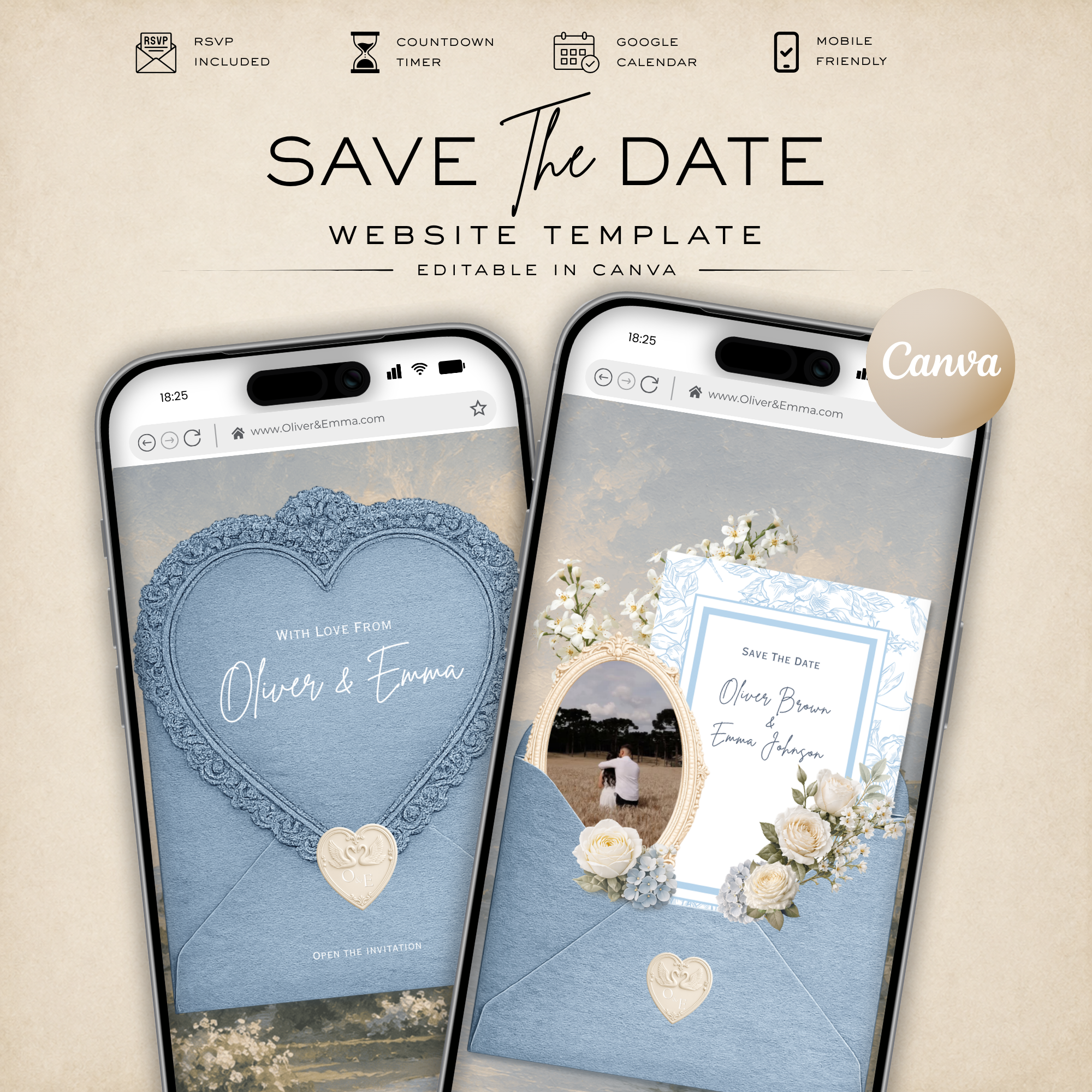 Dusty Blue Save the Date Wedding Invitation Website Template