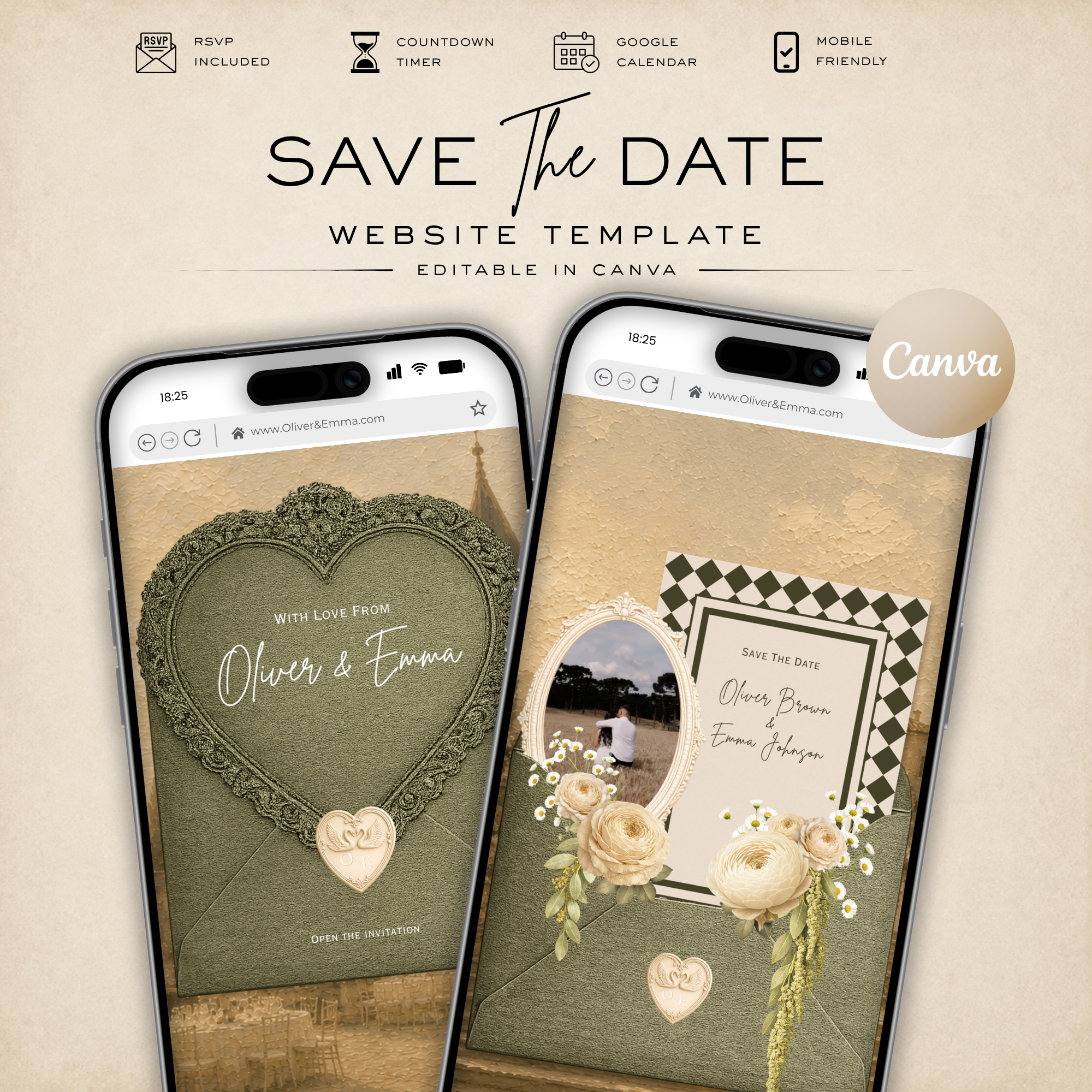 Olive Green Old Money Save the Date Wedding Invitation Website Template