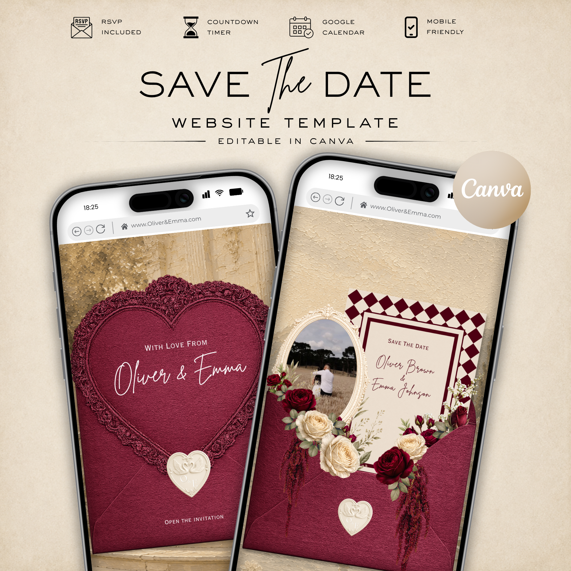Burgundy Old Money Save the Date Wedding Invitation Website Template